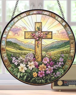 Christian Cross Wildflowers Stained Glass Suncatcher, Christian Faith Home Decor, Christian Glass Windows Hanging, Cross Gift For Religious