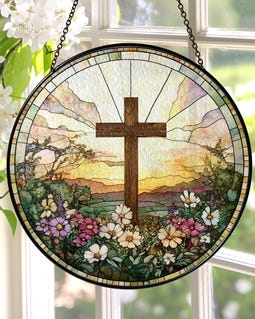 Stained Glass Cross And Wildflowers Suncatcher Christian Glass Window Hanging Flower Cross Religious Faith Gift Cross Christmas Home Decor