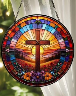 Christian Cross Stained Glass Suncatcher, Religious Home Decoration, Christian Window Hanging with Floral Design, Memorial Cross Suncatcher