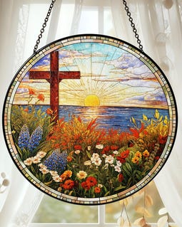 Christian Cross Stained Glass Suncatcher, Religious Home Decor, Christian Window Hanging with Floral Design, Memorial Cross Suncatcher