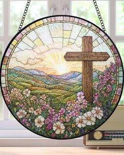 Christian Cross Wildflowers Stained Glass Suncatcher, Christian Faith Window Hanging, Christian Faith Home Decor, Cross Gift For Religious