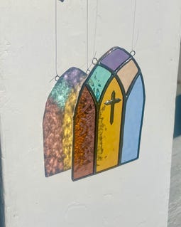 Stained Glass Mini Church / Cathedral Window with Cross Suncatcher - Spring / Easter Decor - Handcrafted