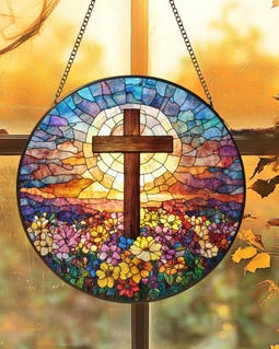Cross Wildflowers Stained Glass Suncatcher, Christian Glass Window Hanging Decor,Flora Cross Religious Faith Gift,Mother's Day Gifts,Grandma